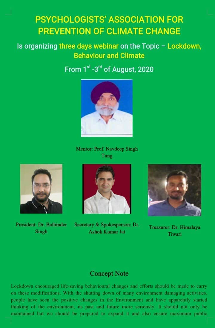 Dear all join us through googlemeet
Three days webinar on the topic "Lockdown, Behaviour and Climate" from 1 to 3 August, 2020

<a href="/dr_chayanika/">Dr.Chayanika Uniyal</a> 
@DelhiRgsc 
<a href="/drsubhashg/">Dr. Subhash Garg</a> 
<a href="/BSBhatiInc/">Bhanwar Singh Bhati</a>
<a href="/AshokChandnaINC/">Ashok Chandna</a> 
<a href="/GovindDotasra/">Govind Singh Dotasra</a> 
<a href="/UNFCCC/">UN Climate Change</a> 
<a href="/Climate_Psych/">Climate Psychology</a>