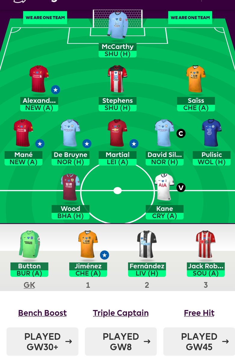 FPL_Turquoise's tweet photo. Team set for #GW38+:
- Transfers:
Bruno/Greenwood -> Dilva/Kane (-4)
- Farewell to David Silva by giving him the armband
- Jimi cover for KDB or Mané?
- Fernandez cover for TAA?
- OR 175k, aiming for top 125k
- Good luck peeps!
#FinalGameDay #EPL #FFScour #FPLCommunity #FPL https://t.co/MQao6WpFvj