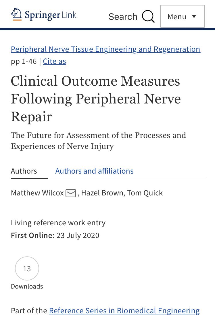 Published now online @springerlink. This book chapter edited by @PhillipsLab is the result of a lot of hard work by Matt Wilcox @PNIResearchUnit and @hoopoe_swana. Im very lucky to work in this wonderful talented team. #clinicaloutcomes #nerveinjury @UCL_NerveEng @Health_Eng