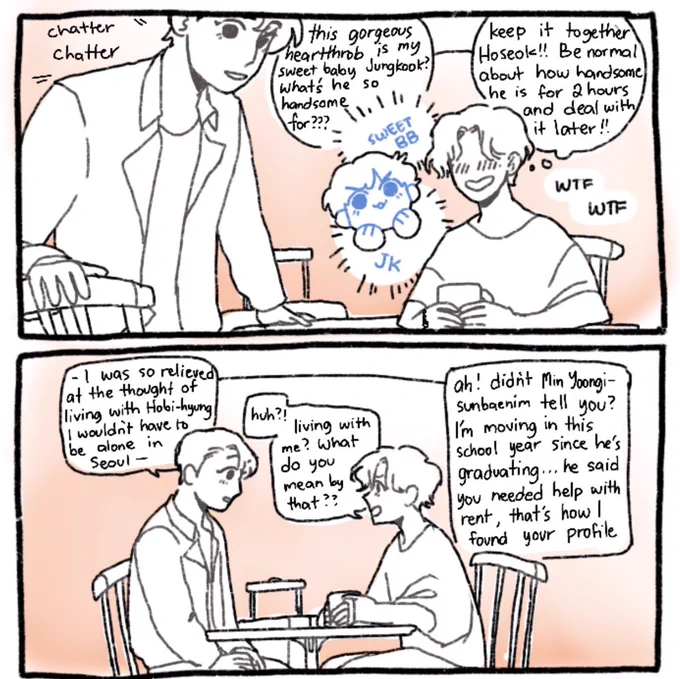 im not gonna be able to finish this tonight if i have to color it in so PART 2: They Were Roommates #hopekook #hopekookweek20 (2/3) 