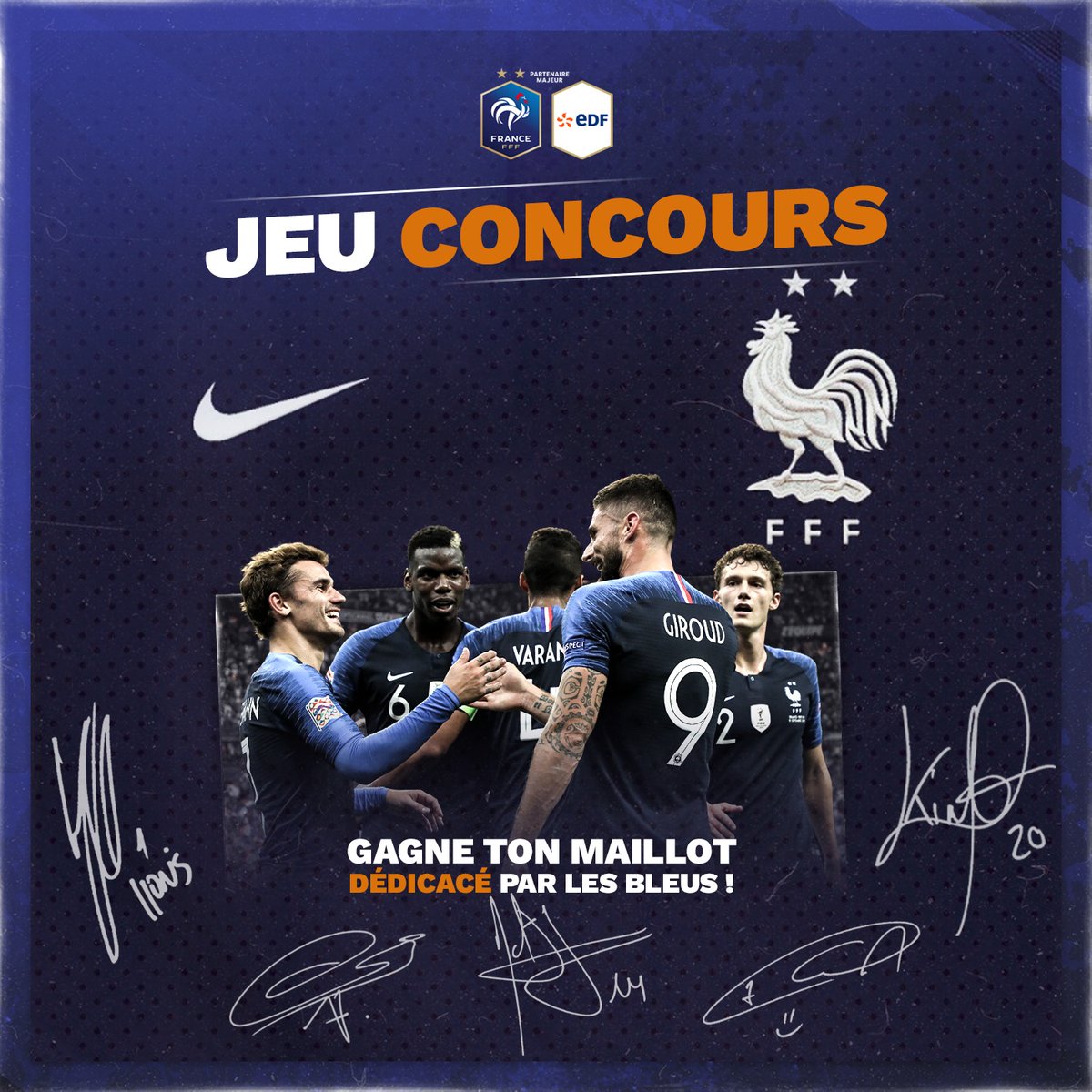 EDF_Foot's tweet photo. 🎁 𝐉𝐄𝐔 𝐂𝐎𝐍𝐂𝐎𝐔𝐑𝐒 🎁

Tentez de remporter un coffret collector du maillot domicile de l'Equipe de France dédicacé par les Bleus ⭐⭐ Pour participer :
1️⃣ RT cette publication
2️⃣ Suivez le compte @eclaironslefoot

Tirage au sort dimanche prochain à 18h ! #EclaironsLeFoot https://t.co/UZbGacTAXW