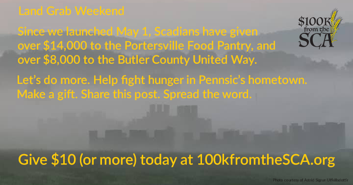 100kfromthesca's tweet photo. If you would have heard "Welcome Home" this weekend, help us fight hunger in #Pennsic's hometown.
10K Pennsic-goers x $10 each = $100,000. Give at https://t.co/fdN22dP6ou, and share this post to spread the word. #SCAatHome #PennsicWar @Pennsic @PennsicI https://t.co/VjKW1vgw1H