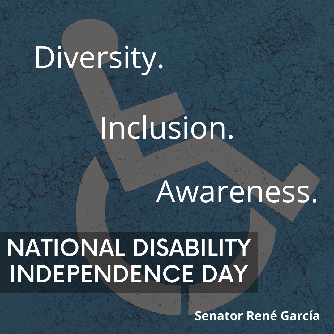 SenReneGarcia's tweet photo. National Disability Independence Day commemorates the signing of the Americans with Disabilities Act. This act provides protection from employment discrimination as well as better access to goods, services, and communications for people with disabilities. #DisabilityIndependence https://t.co/gUX6dHiX0d