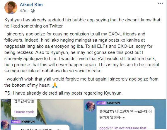 imbaobei's tweet photo. a filo fan started this drama and posted their apology but the DAMAGE HAS BEEN DONE. LOOK AT THE FANS COMING TO HIM AND ELF AND NOT KNOWING YOU WERE WRONG #ApologizetoKyuhyun https://t.co/12yejSRWmp