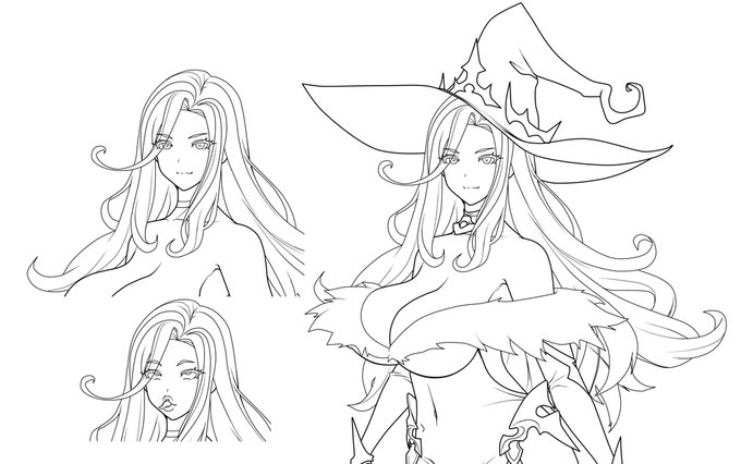 魔女さん進捗
通常、裸差分、ふたなり差分がついてますー
一応線画は出来たんですが明日また見直して問題なければ着彩進めようかと
左下のアホオホ顔はちょっと悩んでますw
アヘ顔にバリエーション作れたらいいな～ 