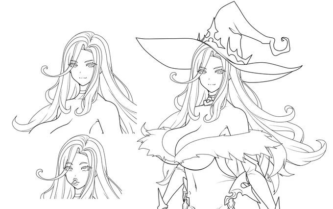 魔女さん進捗
通常、裸差分、ふたなり差分がついてますー
一応線画は出来たんですが明日また見直して問題なければ着彩進めようかと
左下のアホオホ顔はちょっと悩んでますw
アヘ顔にバリエーション作れたらいいな～ 