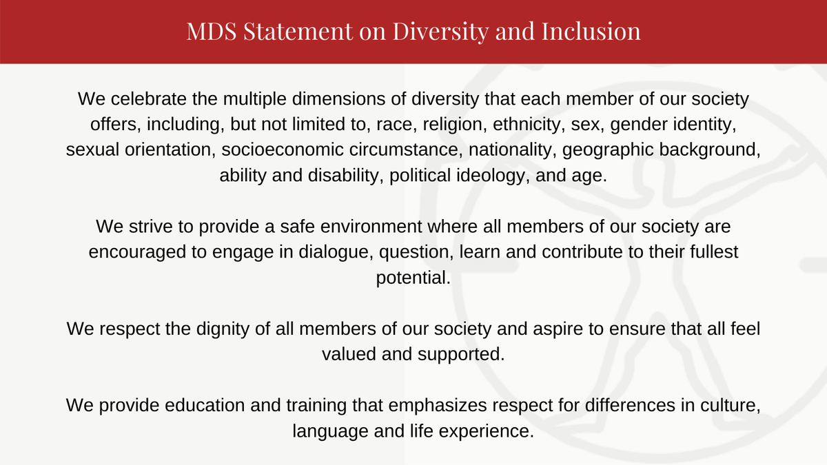 movedisorder's tweet photo. MDS has approved a new Diversity and Inclusion statement. The goal is to define values that drive MDS' approach towards its members and community. The MDS Leadership will use this statement to encourage all MDS members to act according to these values. https://t.co/sJdLz08B3s https://t.co/PSMLwY07zY