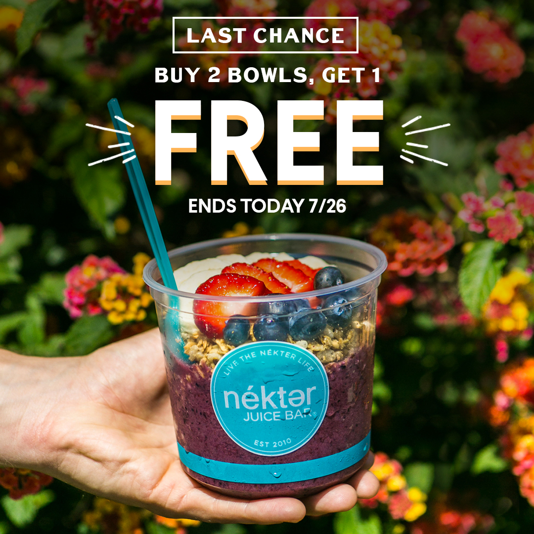 NekterJuiceBar's tweet photo. Handcrafted bowls with a nutrient-dense base &amp; delicious toppings?! 🤪 Yes please!
Last chance 👉 Buy 2 bowls, get 1 free (ends today)!

At participating locations only, while supplies last. 1 offer per customer. Bowls of equal or lesser value does not include add-ons. https://t.co/7g2Jbw1aJY