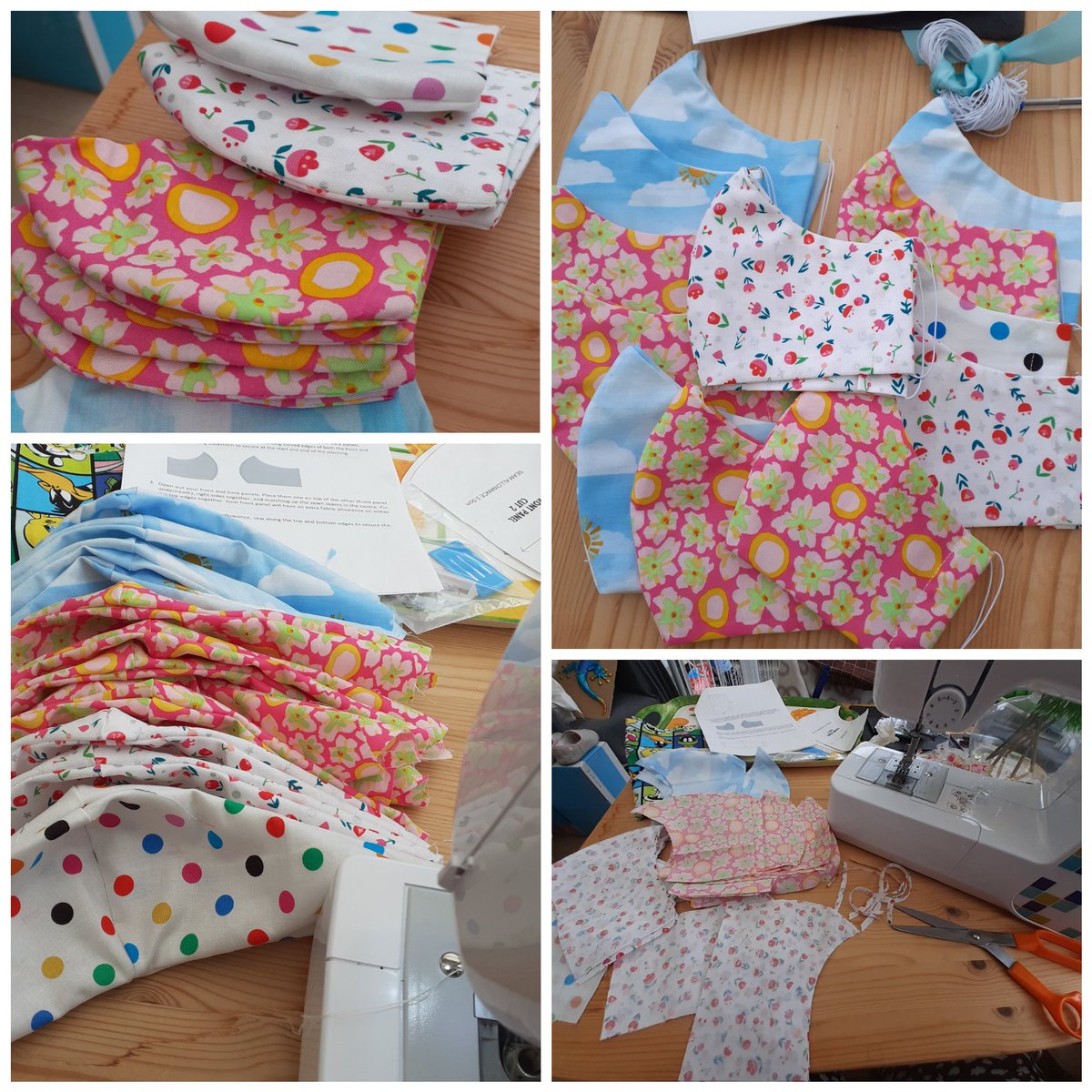 Victoria2705's tweet photo. @bigcommunitysew @paddygrant yesterday I spent another productive afternoon making more bright face coverings for me & mum #bigcommunitysew #bcs12 which is additional to the 10 I made in June. Steady sewing for the amateur, but really enjoying it... more to make tho 😷😁 https://t.co/NIjly8ogRF