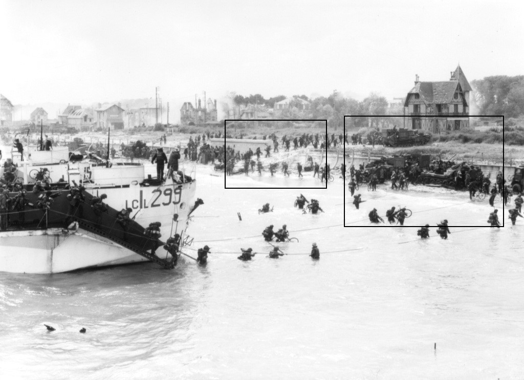 One of the more famous pictures from D-Day, looking east along 'Nan White' on Juno, showing the 9th Canadian Infantry Brigade landing at about 1140. Some may be unaware that the picture also reveals evidence of a drama that took place 3 hours earlier, marked by the boxes. 1/12