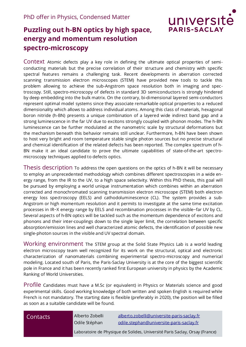STEM_LPS (@stem_lps) on Twitter photo A #PhDposition on spectro-microscopy of defects in #boronnitride open in our group <a href="/UnivParisSaclay/">Université Paris-Saclay</a>. stem.lps.u-psud.fr/phd-position-p…
#microscopy #eels #2Dmaterials #cathodoluminescence A #PhDposition on spectro-microscopy of defects in #boronnitride open in our group <a href="/UnivParisSaclay/">Université Paris-Saclay</a>. stem.lps.u-psud.fr/phd-position-p…
#microscopy #eels #2Dmaterials #cathodoluminescence