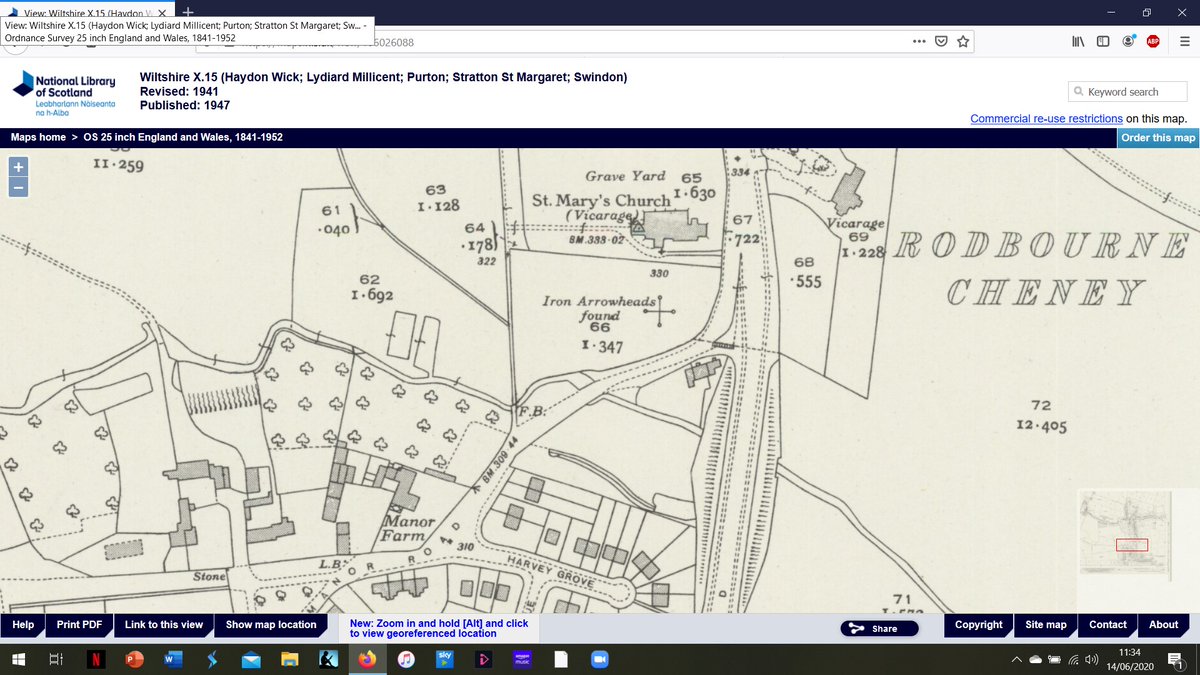 That area immediately south of the church, shown as gardens, has twice been the site of 'interesting' finds. In the 1920s (?) the gardener dug up what is described as a quantity of iron arrowheads, said to be 15th century (AD), and a 'mass' of 'Norman' pottery. Then, in (13/24)