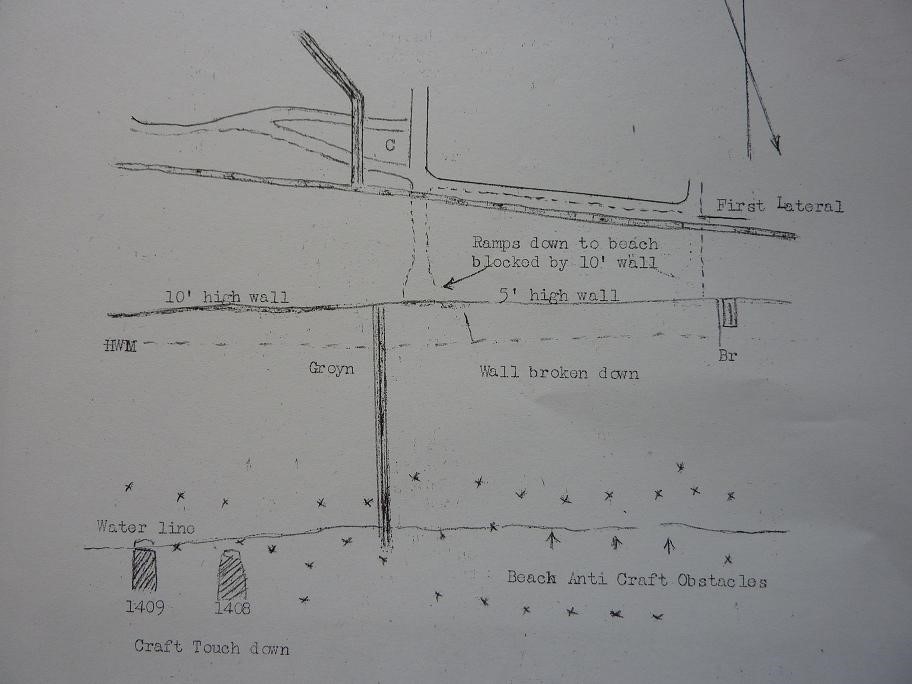 So this was an example of one of the gapping tasks that did not go smoothly, but as elsewhere the gapping team adapted and cleared an exit; the broken down seawall was also used as a second exit. This is a map drawn by Lt Saunders of the 1 Troop landing on Nan White 11/12