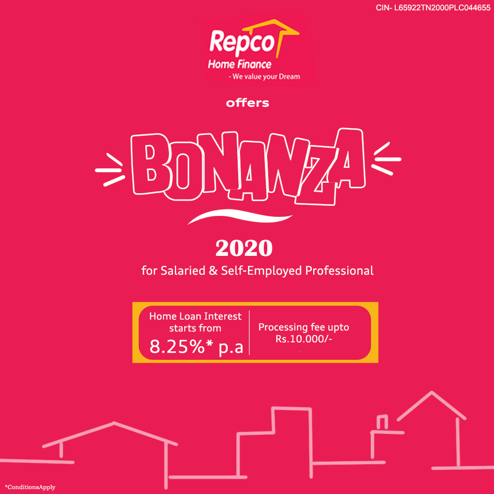 RepcoHome's tweet photo. A bonanza offer From Repco Home. Affordable home loans for Salaried individuals, Self-Employed Professionals starting from 8.25%. For further details call us at 1800-425-6070 or visit https://t.co/de6TdaRguN #RepcoHome #HomeLoan #HomeFinance https://t.co/NamOx8ZRgK