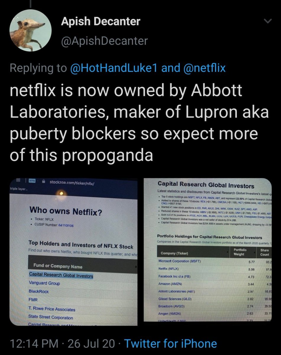 Apparently  @netflix is owned in part by the makers of "puberty blockers." https://twitter.com/WomenReadWomen/status/1153431734001647616?s=19