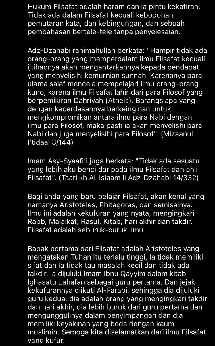 Lagi rame tentang postingan 'Haramnya Ilmu Filsafat' nih. 

Mimin bakal ngejawab secara kontekstual pernyataan 'Tidak ada dalam Filsafat kecuali kebodohan, pemutaran kata, dan kebingungan, dan sebuah pembahasan bertele-tele tanpa penyelesaian.'

- a thread!