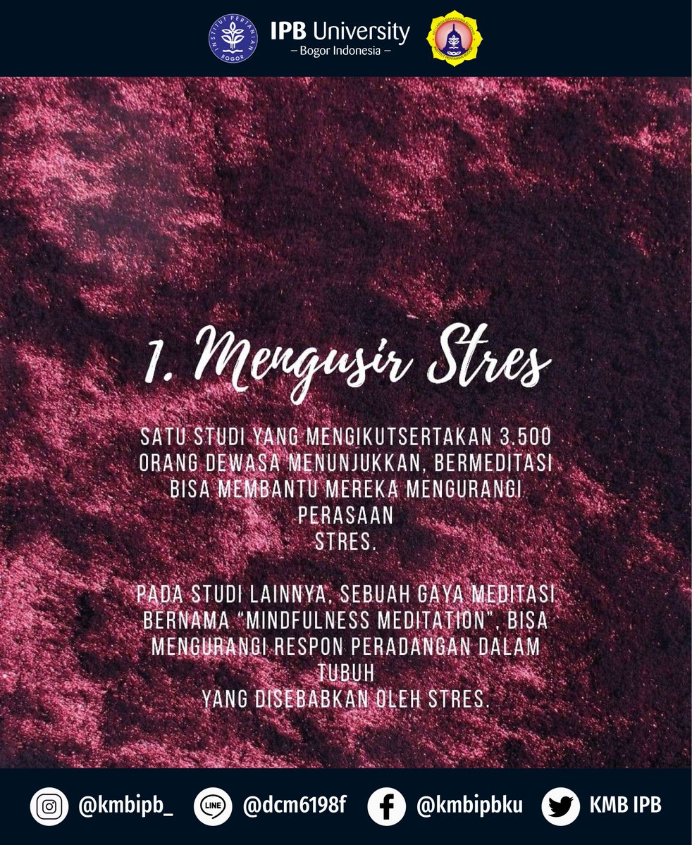 KMBIPB's tweet photo. [EDUPOST #14 : Manfaat Meditasi untuk Kesehatan Mental dan Fisik]

Dalam ajaran agama Buddha, meditasi sudah bukan hal yang asing untuk dilakukan. Manfaat meditasi seringkali disepelekan. Aktivitas yang menenangkan hati dan pikiran ini punya banyak manfaat untuk kesehatan. https://t.co/nGUvO3sSAo