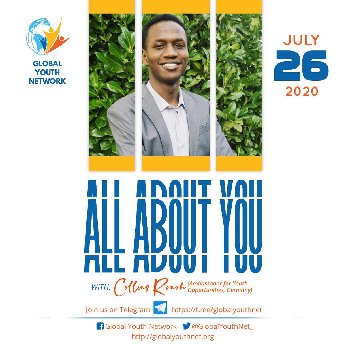 GlobalYouthNet_'s tweet photo. Its happening live today..
It's Collins Ronoh, Youth Opportunities Country Ambassador for Germany engages us on a chit-chat session. 
An amazing young man changing the narrative of impact across the globe.
Join the session on https://t.co/9MdXm55t1o https://t.co/5xIfIoFm6a