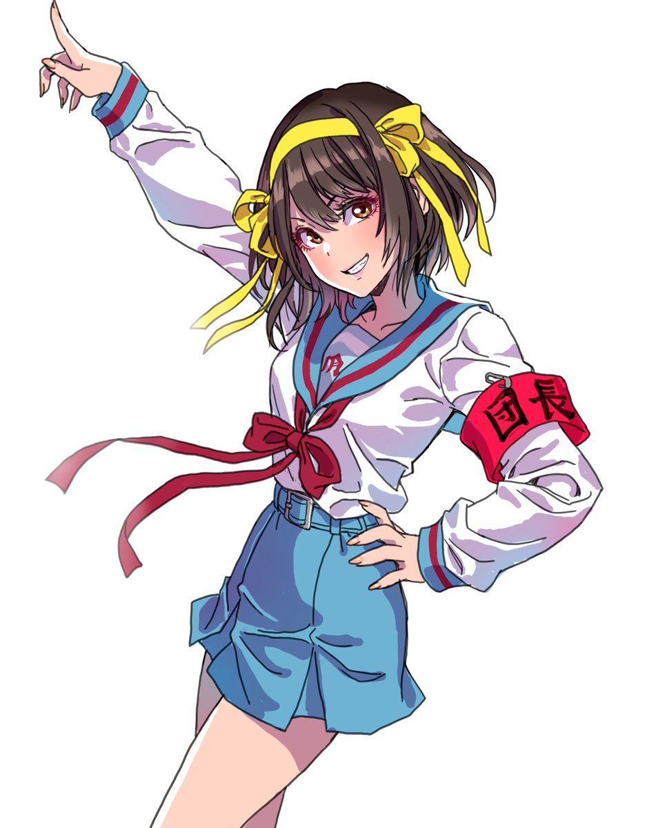 suzumiya haruhi 1girl kita high school uniform solo school uniform skirt yellow hairband sailor collar  illustration images