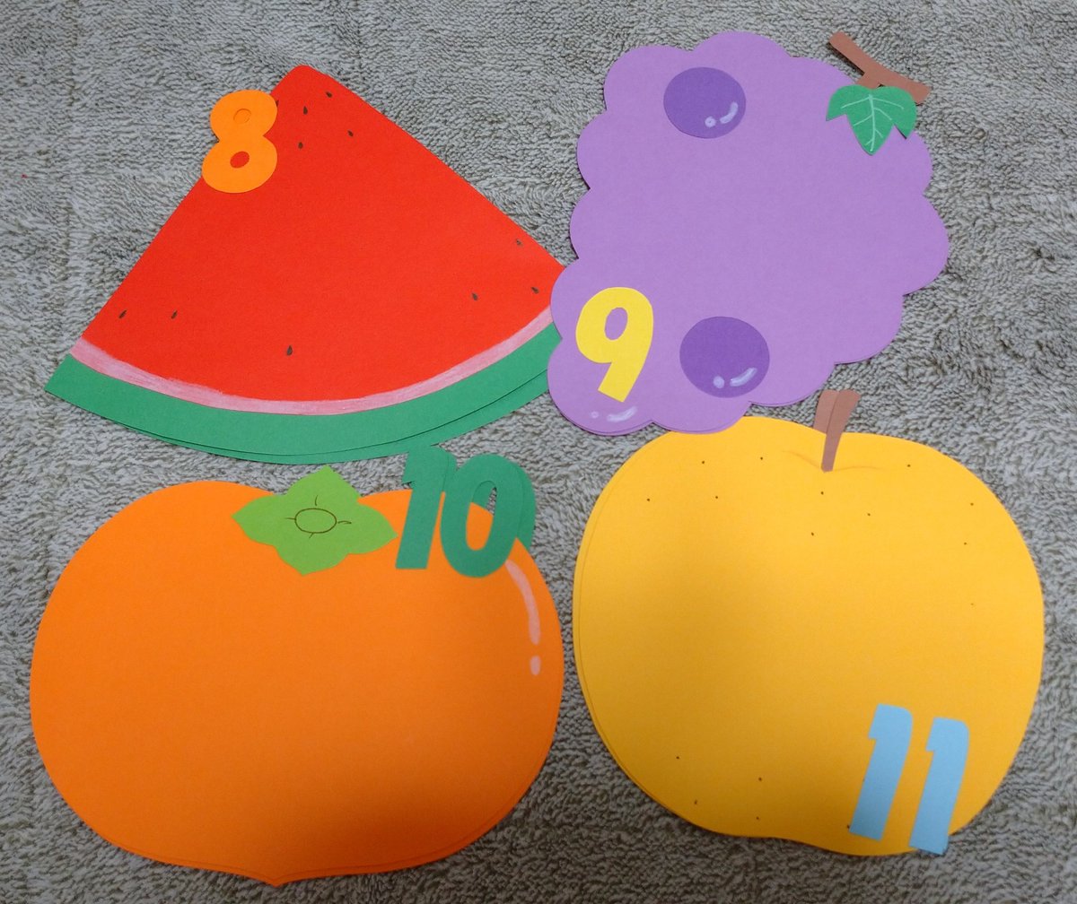 はるか 真ん中のフルーツバスケットとフルーツたち バナナ の形下書きなしで切ったにしては上手くできたような気がする 笑 あとバスケットの横にこびとちゃんたち作るよ まだ完成ではない 壁面製作 保育壁面 お誕生日壁面 お誕生日表
