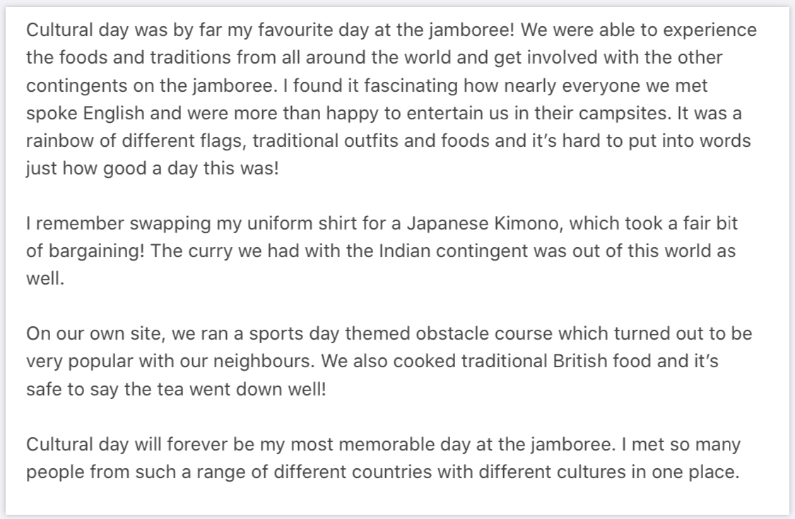Day 7.
Cultural day today! brought to you by Lewis:

Cultural day will forever be my most memorable day at the jamboree. I met so many people from such a range of different countries with different cultures in one place.
#uk24wsj