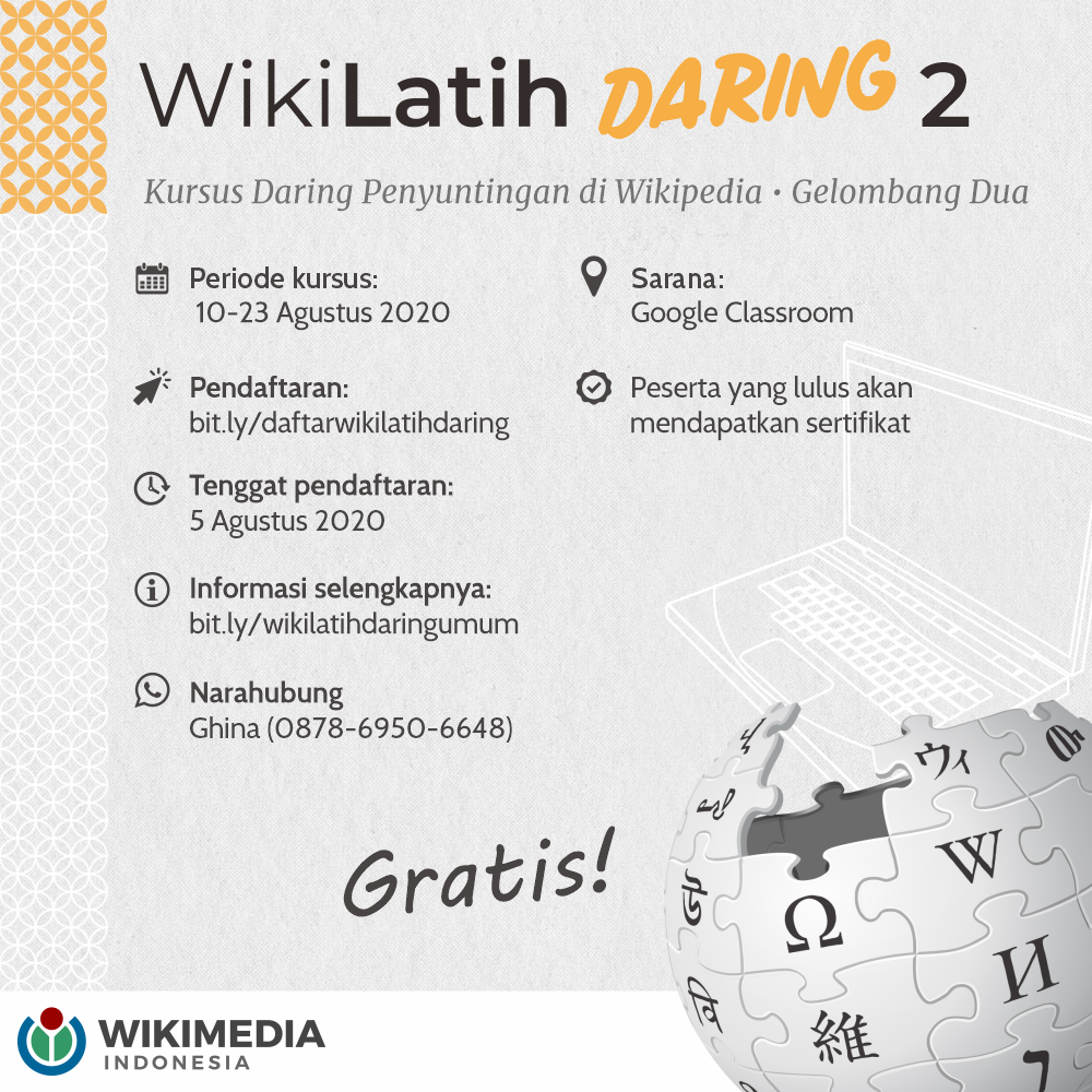 wikimediaid's tweet photo. Halo, Kawan Wiki! 👋🏽

Tertarik untuk berkontribusi di Wikipedia tetapi belum tahu caranya?

Ayo ikuti WikiLatih Daring Gelombang Kedua bersama Wikimedia Indonesia! https://t.co/rQUJeWiPZp