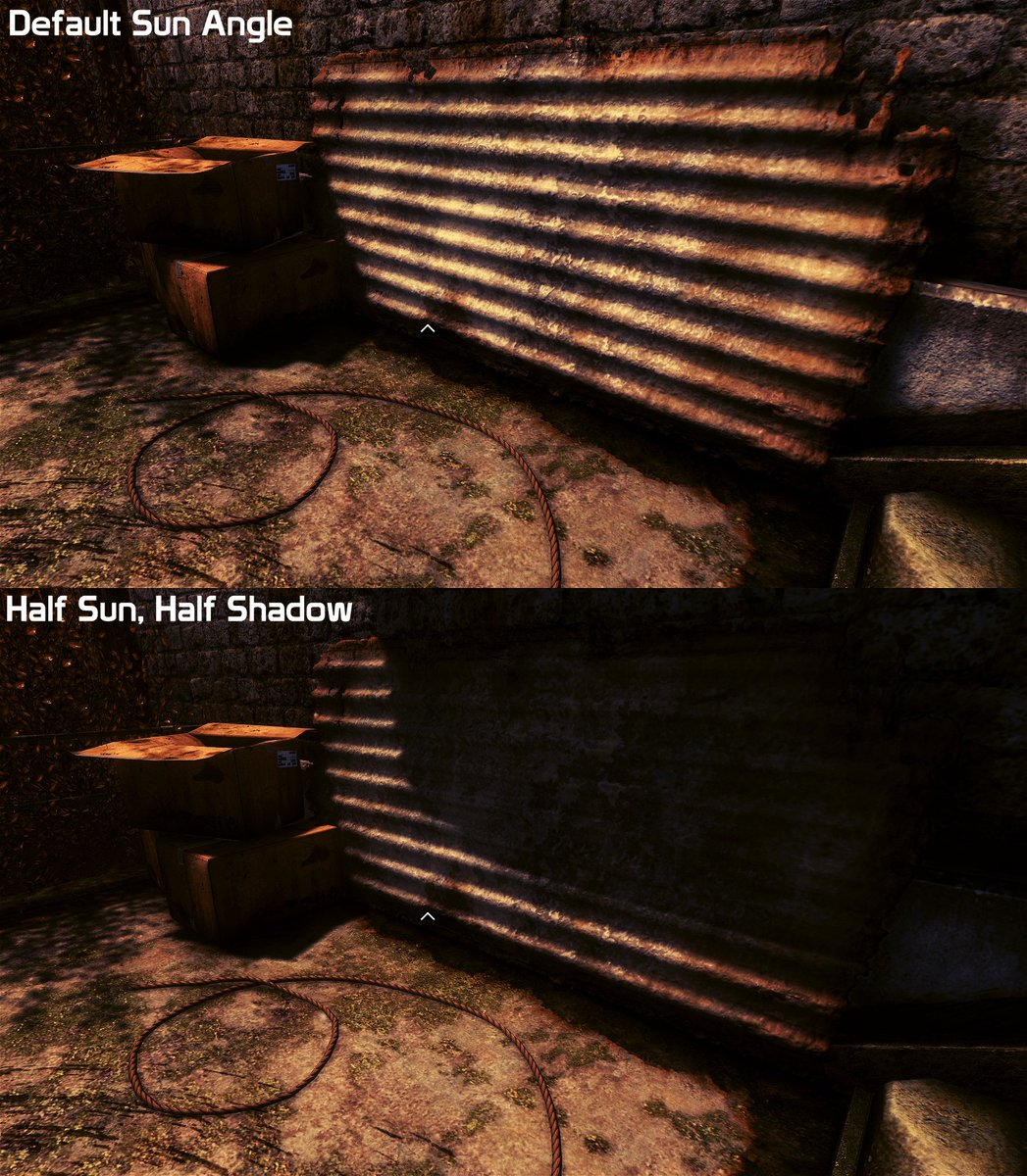 ...is what I believe Halo is lacking as once an asset moves into shadow (out of the main light source) the normals flatten far too much. But even when you use hard geo, the effect they have is minimised when in shadow, as seen here on this sheet metal, so its not foolproof: