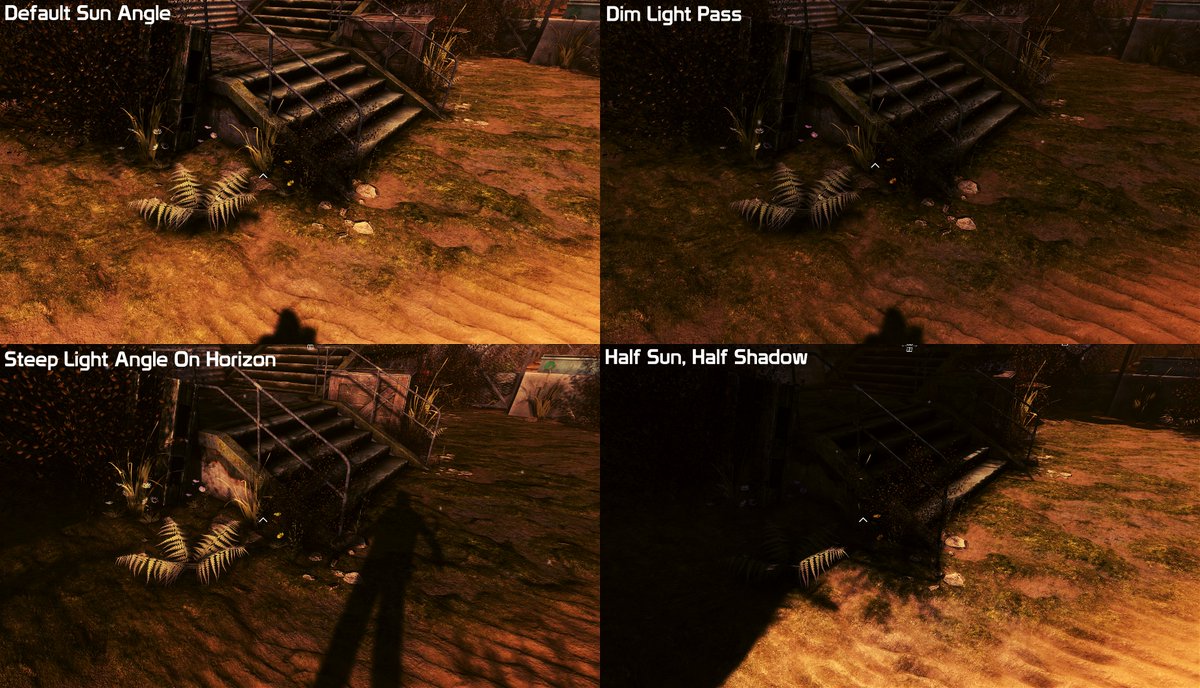 Lets take a look at  #OverDose, and how the position of the sky light can change the look of an area. Here, we can see normals pop in one pic but not another. Once we go fully in shadow, we can see normals become very faint.