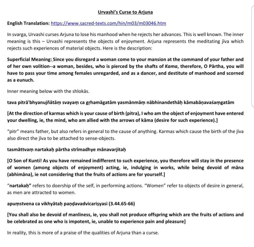 The next curse is that of Urvashi who cursed Arjuna for rejecting her advances. Though Arjuna mainly signifies the meditating mind throughout the work, here, in the context of the curse, he signifies the self that is the meditator+ #Hinduism  #Mahabharata