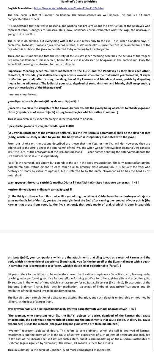 Finally, curse of Gandhari on Krishna. This one is a bit complicated to understand, as it primarily describes the jivatma in its' inner meaning, referring to the Lord as antaryAmin.+ #Hinduism  #Mahabharata