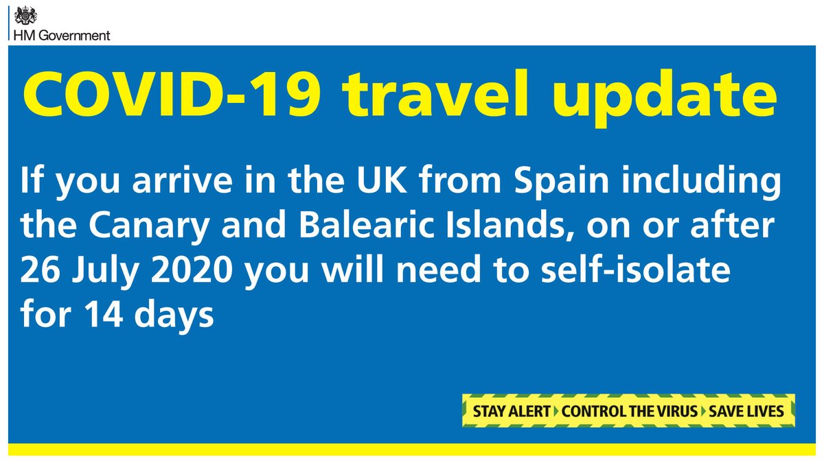 LPL_Airport's tweet photo. The UK Government’s latest travel guidance: If you arrive in the UK from Spain including the Canary and Balearic Islands, on or after 26 July 2020 you will need to self-isolate for 14 days. Find out more here https://t.co/3FQhyIIIjb https://t.co/LGAEWeMPma