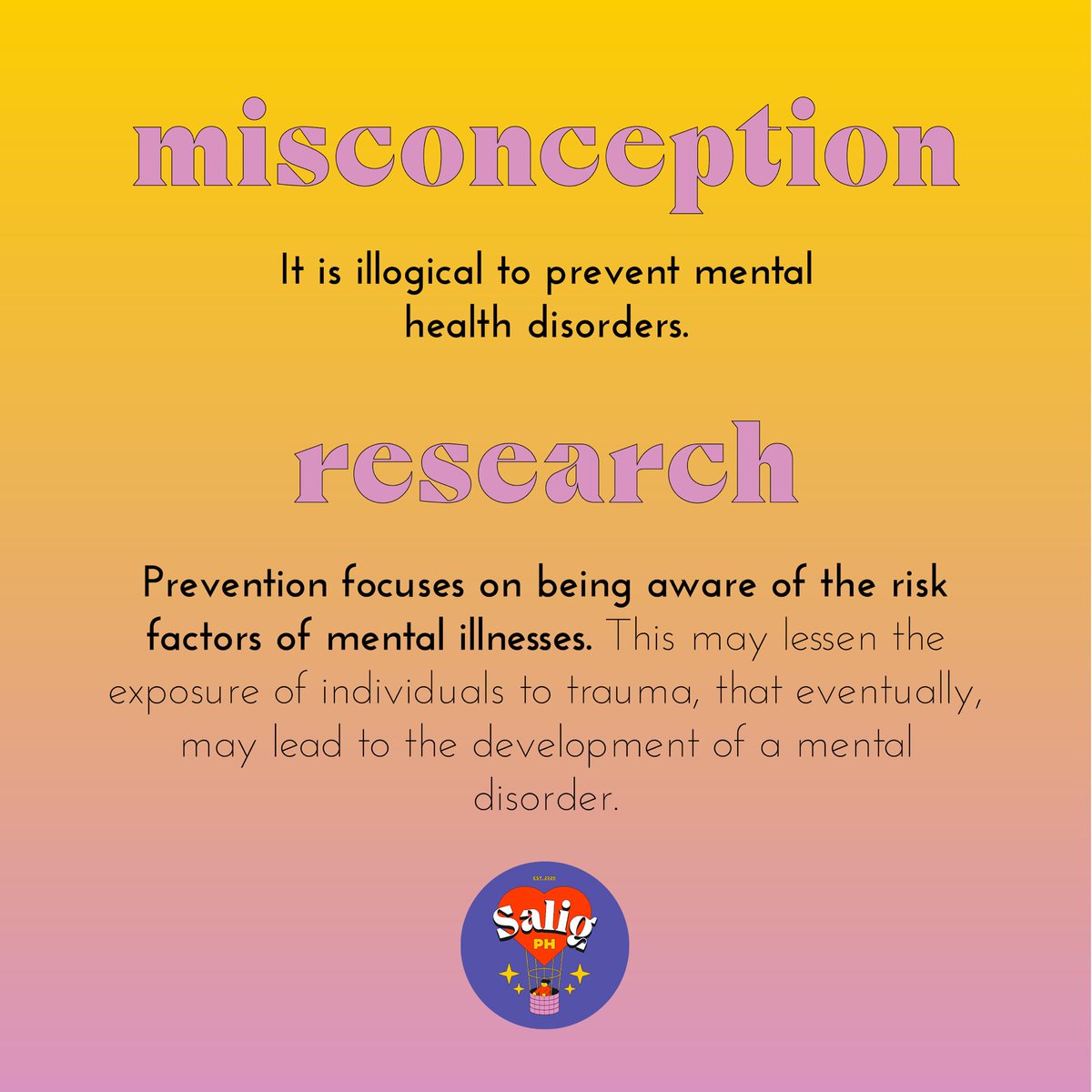 Mental health misconceptions create a barrier to someone who wants to reach out. Our mental health signifies the importance of recognizing that we all have a part in raising awareness about mental health. (1/3) #SaligPH #SaligStands #BreakTheStigma 