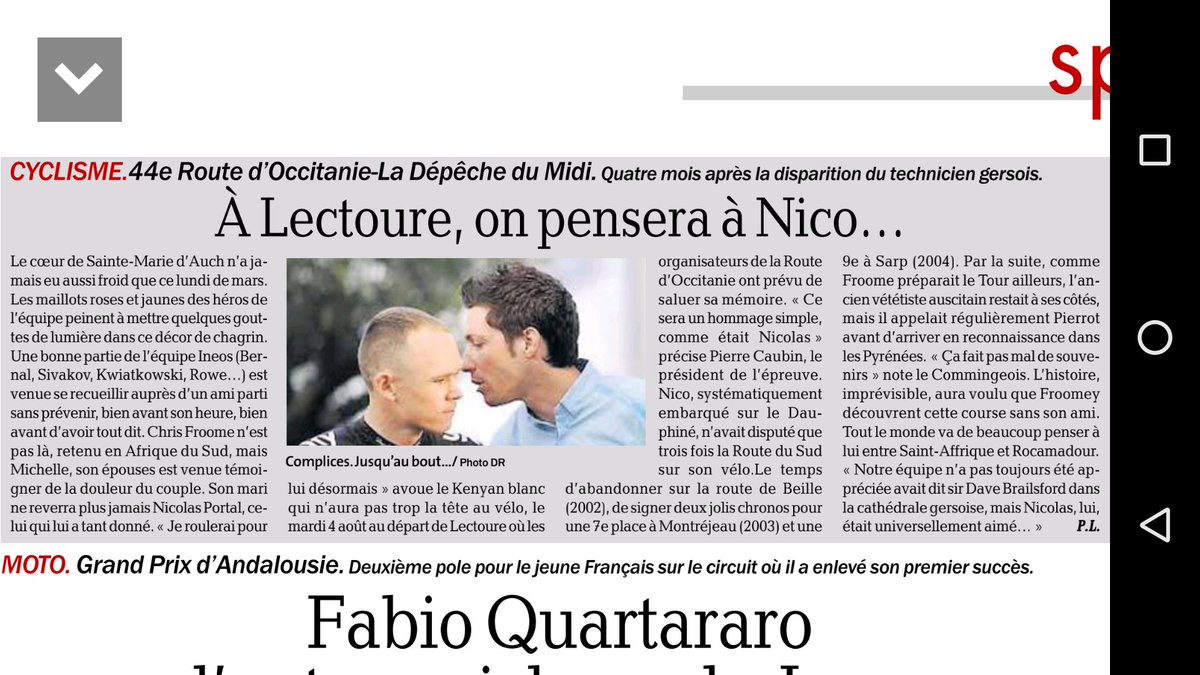 Malou8131's tweet photo. Article du jour de la Dépêche sur l'hommage de la @RouteOccitanie pour Nico Portal... ♥️ Un moment difficile en prévision.. @chrisfroome
#GoTeamIneos #teamIneos #Portal #RDO2020 @TeamINEOS https://t.co/Gd5C3k4Hy2