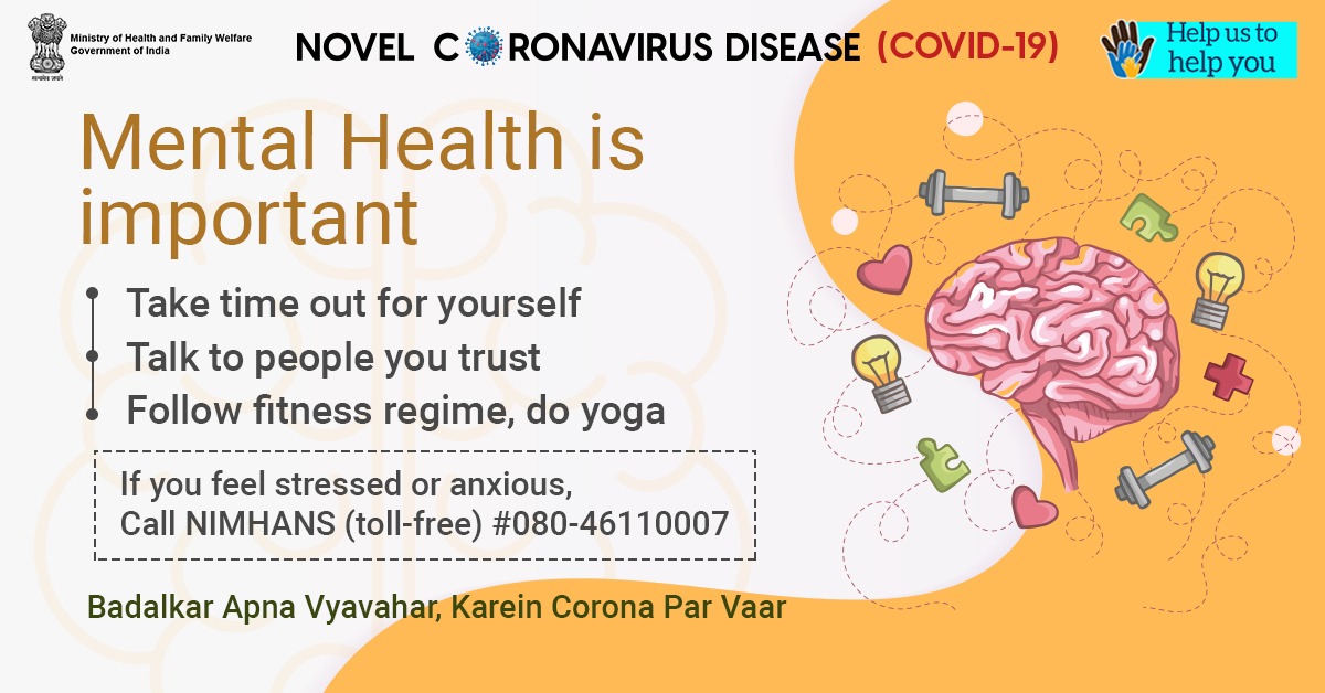 MoHFW_INDIA's tweet photo. #IndiaFightsCorona
It's important to feel strong - both physically & mentally. For psychosocial support, please call NIMHANS Toll free #080-46110007.
#BadalkarApnaVyavaharKareinCoronaParVaar #TogetherAgainstCovid19 https://t.co/b0JL2A55qF
