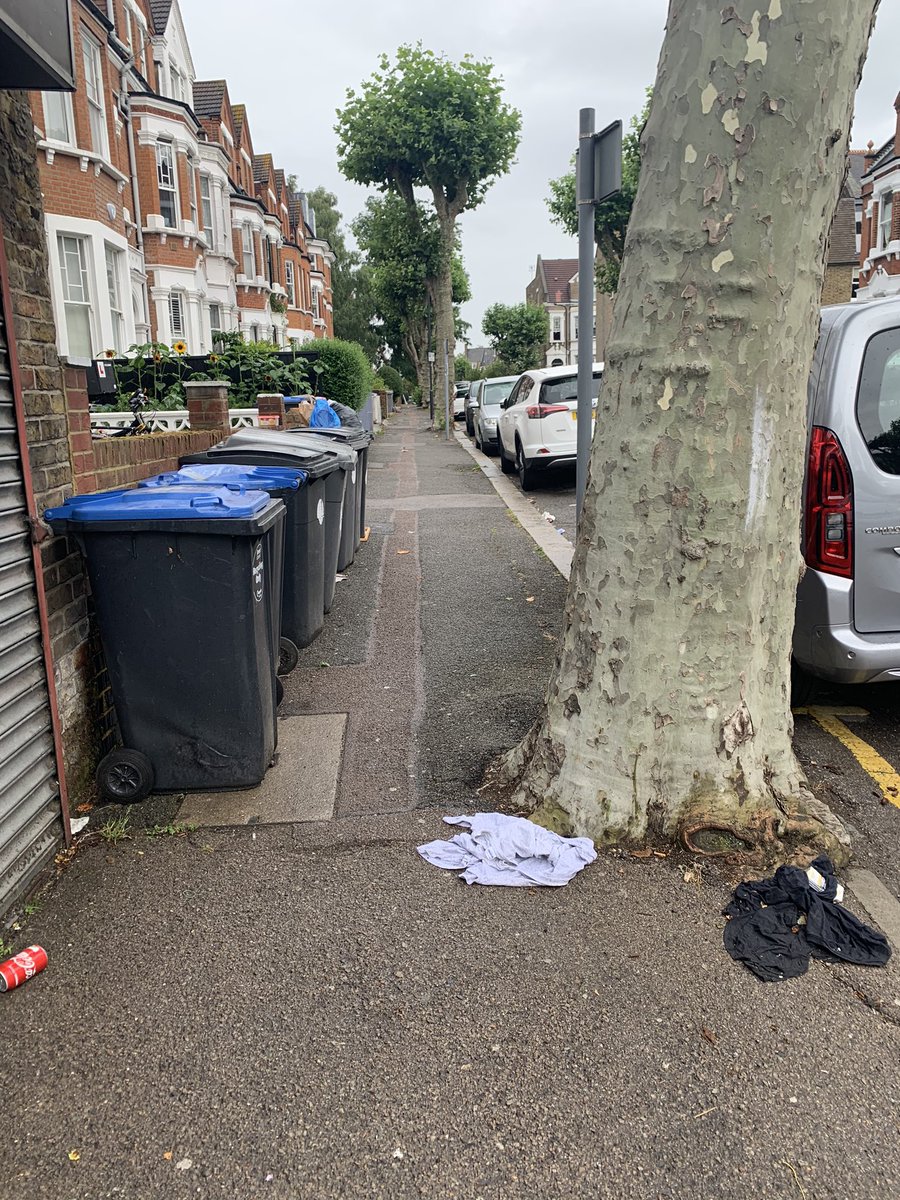 profKayW's tweet photo. Being lazy and not moving bins onto a property blocks pavements and causes obstructions. Stop being selfish, think of other road users and take care of your bins.. #CallcottRd #Kilburn #NW6 https://t.co/ZVmcYDlTUK