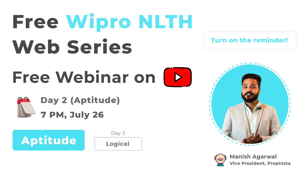 prepinsta's tweet photo. Link 👇
https://t.co/iibIrbH3yC
Day 2 : Free aptitude class, live at 7 PM today. 
Turn on your reminders and prepare your best 👍
.

.
.

.
.
.
.
.
.
.
.
.
.
 
.
.
.

#prepinsta #prepsters #placement #youtube #live #webinar #job #jobs #aptitude #wipro #wipronlth #wipro2020 https://t.co/cdUuJW2QKt