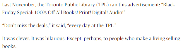 Ken is right, this is a tongue in cheek joke from TPL. Again, as Ken noted: people who actually make their living selling books (broadly) realize that libraries aren't their competitors.(Ken goes on to reference a bunch of other similar little bits of PR from other libraries)