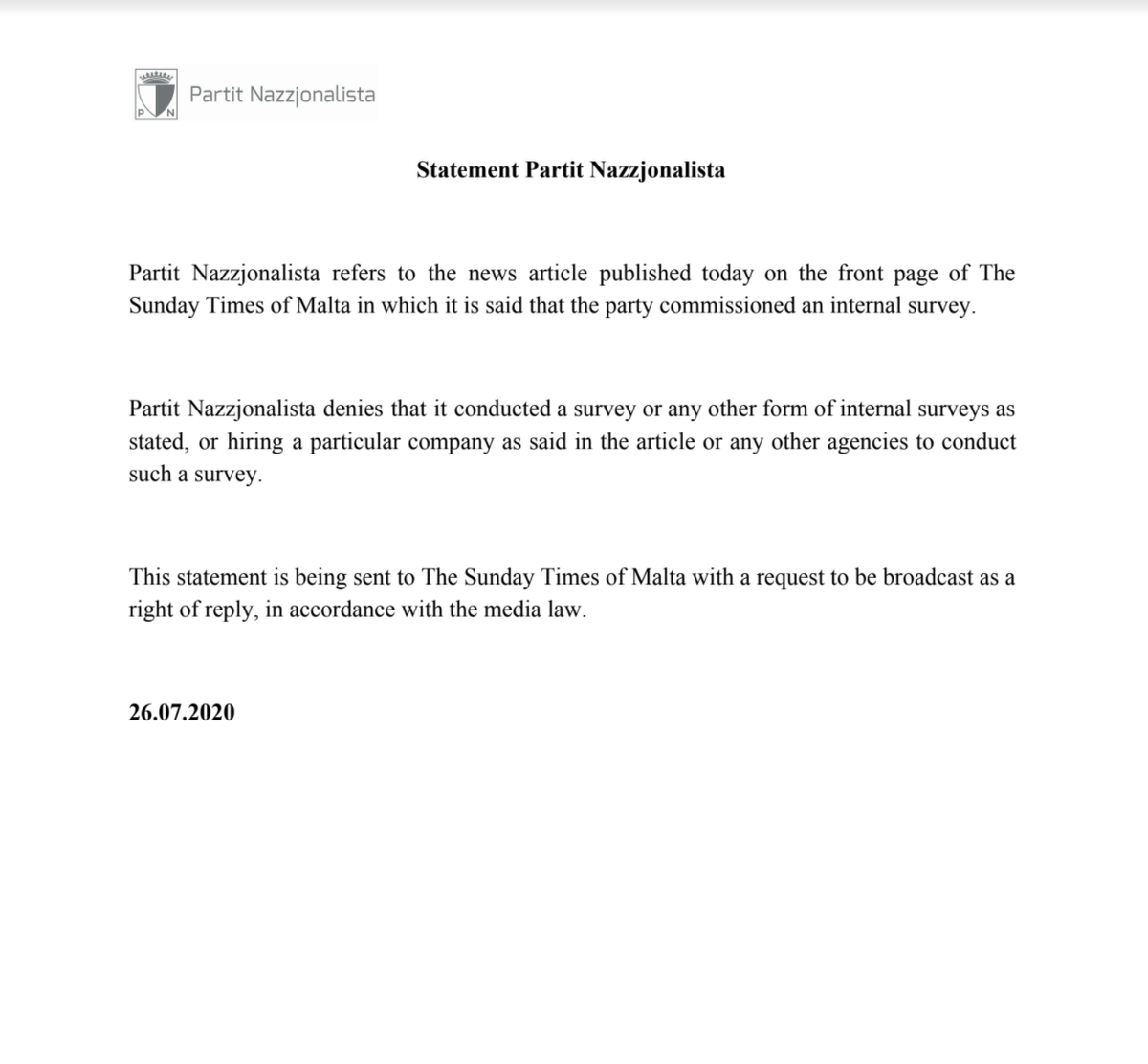 adriandeliapn's tweet photo. .  @PNmalta denies that it conducted a survey or any other form of internal surveys as stated in the Sunday Times or hired a particular company as said in the article or any other agencies to conduct such a survey. 🇲🇹 https://t.co/mKUNKVlel1