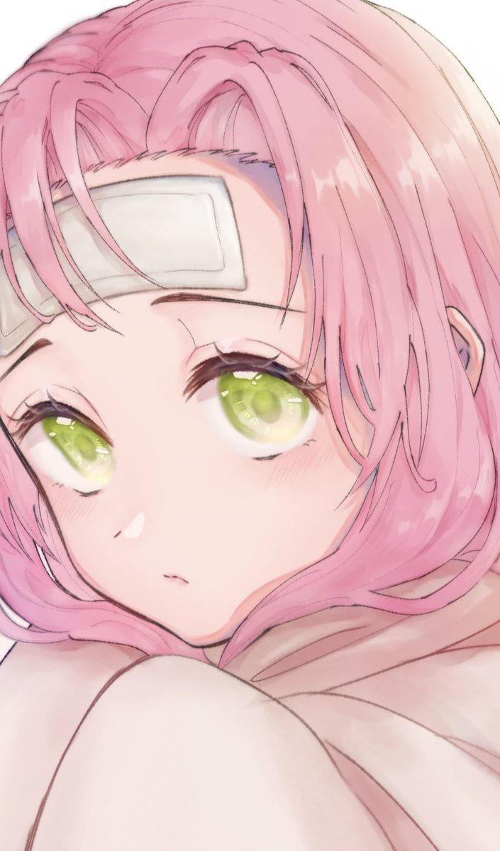 kanroji mitsuri 1girl pink hair solo green eyes looking at viewer white background bandages  illustration images