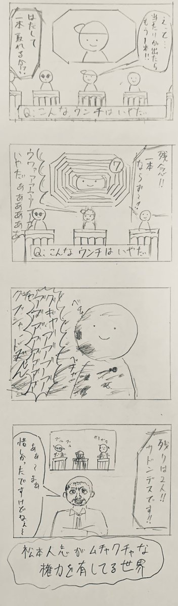 今日の4コマです
「松本人志がムチャクチャな権力を持ってる世界」
#4コマ #4コマ漫画 #創作クラスタさんと繋がりたい #漫画が読めるハッシュタグ