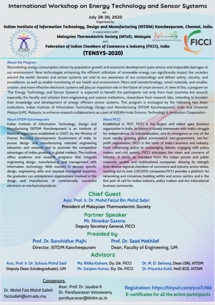 suhasin83965871's tweet image. 3-Days Virtual Program on &quot;International Workshop on Energy Technology and Sensor Systems (TENSYS2020)&quot; during July 28-30, 2020. 
The last date to register is 27.07.2020, at 3 pm IST time. 
docs.google.com/forms/d/e/1FAI…
More details available in the flyer.

  #VTC2020 #thermoelectric