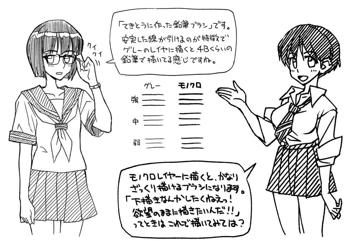 昨日クリスタのサイトに鉛筆ブラシ素材アップしたんですけど、手違いでハナクソみたいなブラシ先端の画像「だけ」アップロードしてしまいまして・・・すみません。紹介画像もこしらえてちゃんとしたものを再アップしました。
https://t.co/NTYyEKndKQ 