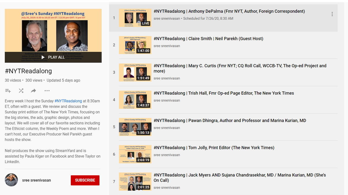 7/x  @Sree's Sunday  #NYTReadalong is live every Sunday at 8:30am ET. Check out today's show and 2020 episodes in the  #NYTReadalong Archives:  https://readalong.link/youtubeplaylist Recent guests:  @phdhingra1  @Claudiadreifus  @steveschale  @MickiMaynard  @TomJolly  @gnayyar. Others are tagged.