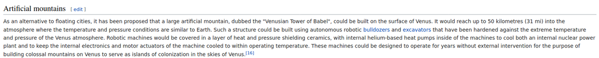 VitalikButerin's tweet photo. Did you know: though the *surface* of Venus is inhospitable, with temp 465'C and pressure 90x that on Earth, Venus's atmosphere 50km above ground is surprisingly earthlike in pressure and temp. Proposals to colonize Venus include floating cities and even building a 50km mountain. https://t.co/PC4855fEZ8