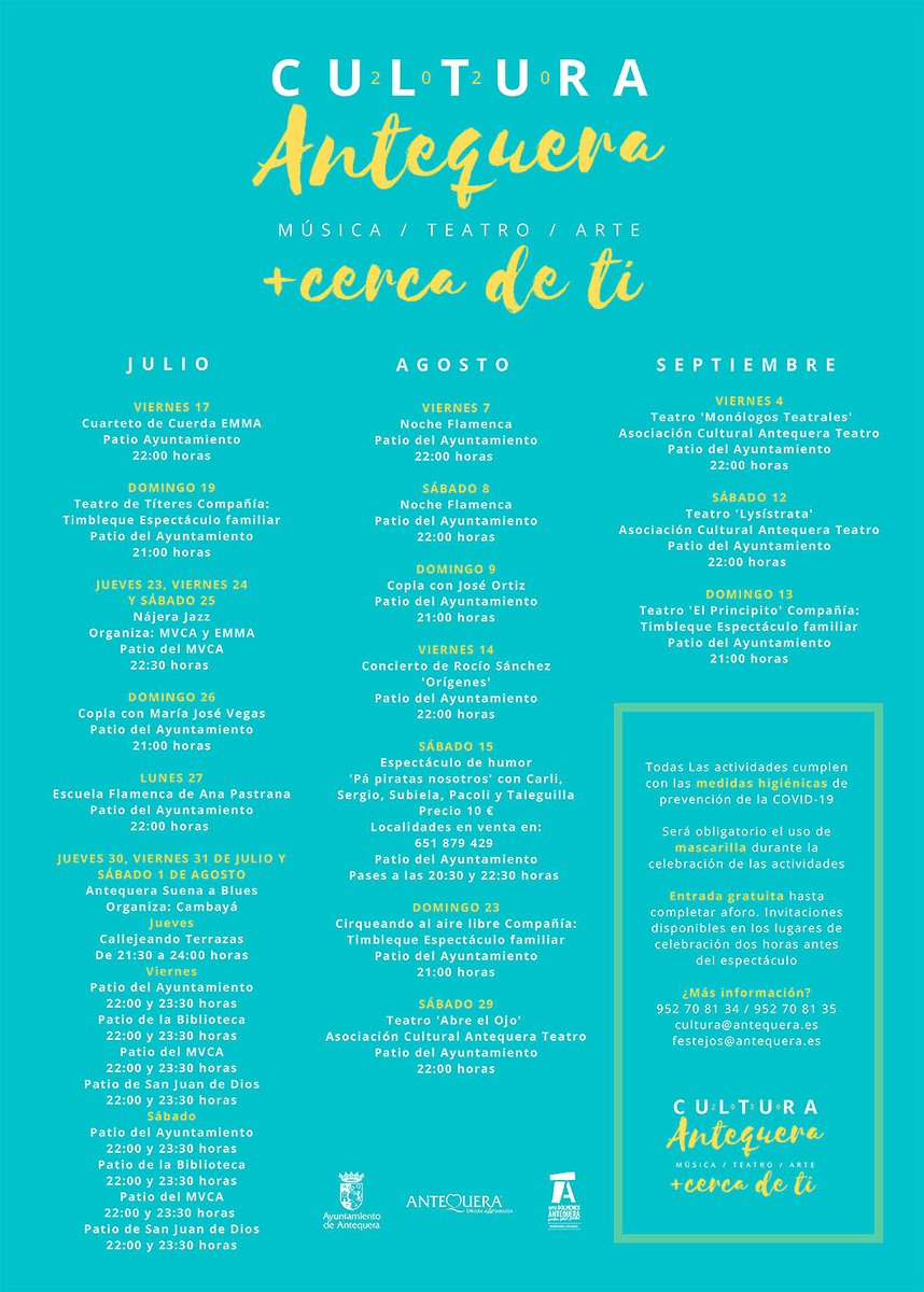 AytoAntequera's tweet photo. #AntequeraMásCercaDeTi
#ProgramaOcioAlternativo
#LuzDeLuna2020

🏙️ #Antequera te propone tardes/noches cargadas de cultura, música, historia, patrimonio, talleres, teatro, conciertos...

🔽 Descarga las programaciones en https://t.co/n5L9kvB2yb

#CulturaSegura
#AntequeraCultural https://t.co/hGorBF9TY4