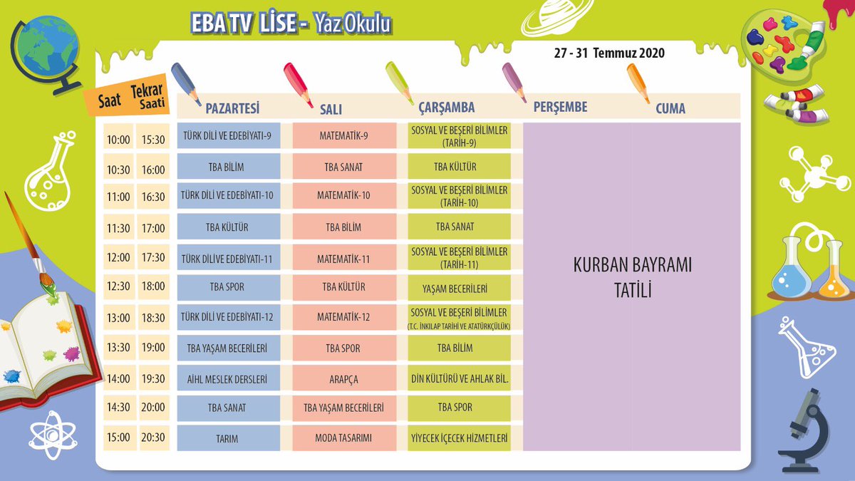 📺TRT EBA TV
☀️ İşte, yeni haftanın programı 📝👇
🗓27-31 Temmuz 2020

@istanbulilmem @memleventyazici @BuyukcekmeceMem @hasan_uygun91 @ms_saygili @brtnkrm @ilkerhocaturkce @betulozkul @RSelhan @ImamGokce @RemziyeERCAN5 @cengizk_l @c_arba 
@hasretaksu1 @aybeyilkokulu @ZelihaMz