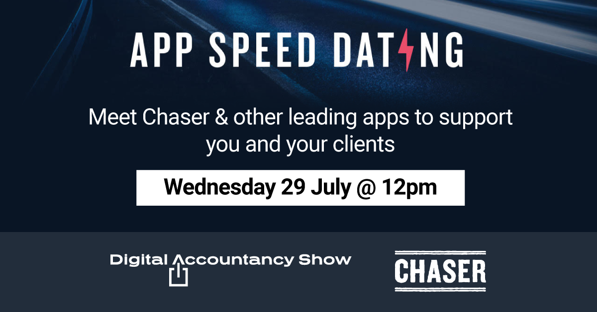Meet 10 leading apps to support you and your clients, including Chaser, at @ShowAccountancy’s speed dating event 💡📈

hubs.ly/H0sF4-R0

#digitalaccountancy #cloudaccounting #digitaltransformation #CreditControl #CloudAccounting #Accounting #Bookkeeping #SME #Accountants