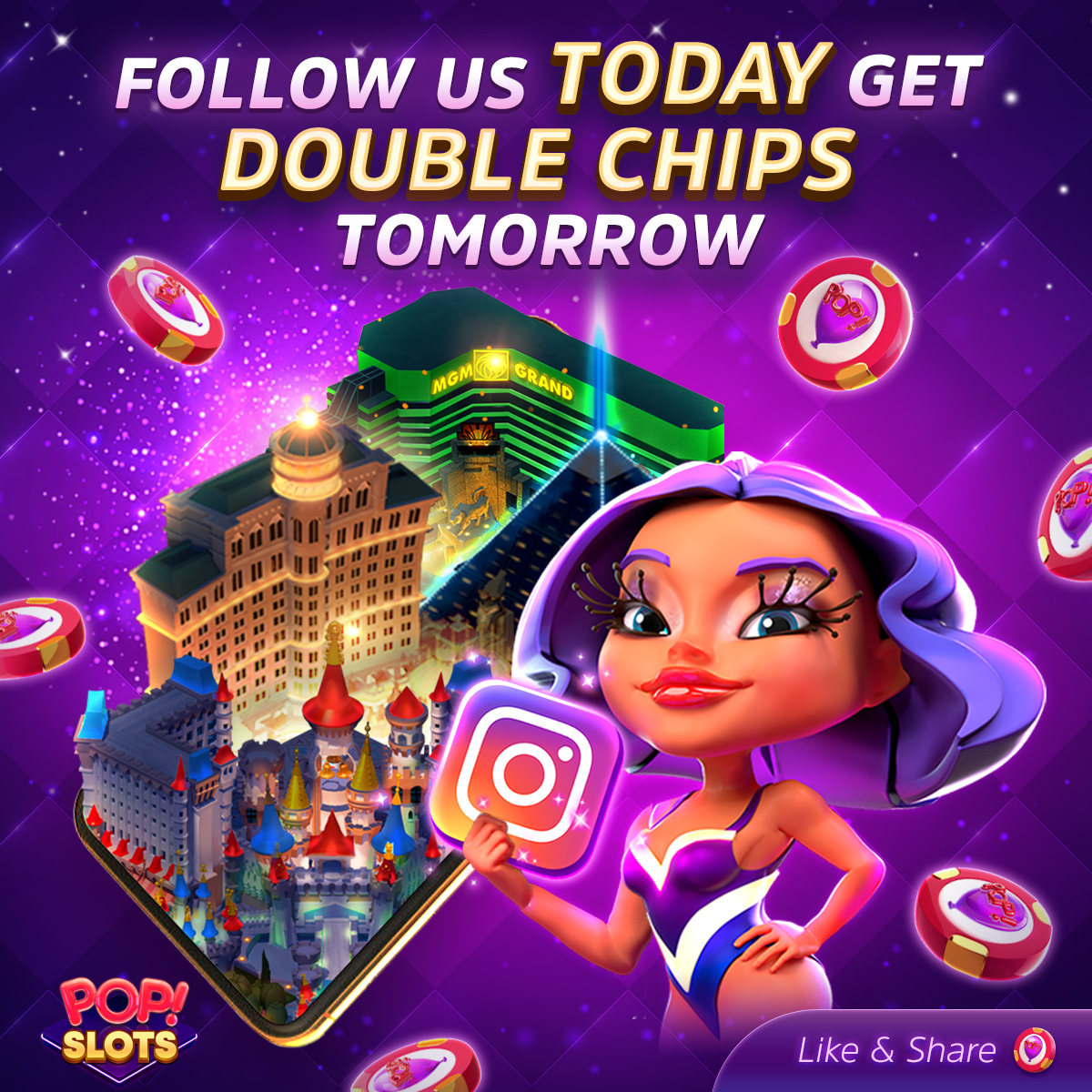 PopSlotsCasino's tweet photo. 💛 Hey, Popsters
💜 Your EXTRA FREE CHIPS are here
🌈 Claim them here 🔽  https://t.co/mDiNaoP9E3
1️⃣ Follow us on Instagram TODAY 
2️⃣ Collect DOUBLE CHIPS tomorrow
💃 We can't wait to see you there — it's all fun &amp; games!
🎰 Spin and win, even while you're in
👷‍♀️ #InIsTheNewOut https://t.co/pzuIK4HO62