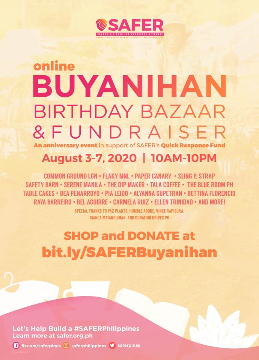 saferpinas's tweet photo. We are cooking up something big for our birthday! Check out our growing list of exciting sellers for BUYanihan birthday bazaar and fundraiser! 
Visit: https://t.co/p5xIZDAgaV
Join our BUYanihan Facebook page: https://t.co/BD7EIfxjT4
#fundraising #SARERPhilippines https://t.co/lBCqASjvdv