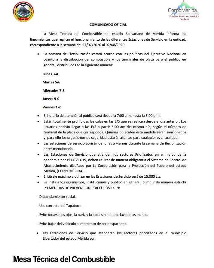 ivanrive3's tweet photo. #URGENTE Amigo merideño, le invito a revisar el COMUNICADO OFICIAL de La Mesa Técnica del Combustible, sobre los lineamientos que regirán el funcionamiento de las diferentes Estaciones de Servicio, correspondiente a la semana del 27/07/2020 al 02/08/2020

https://t.co/VfbVaP5eYU https://t.co/jTgK5QTcdy
